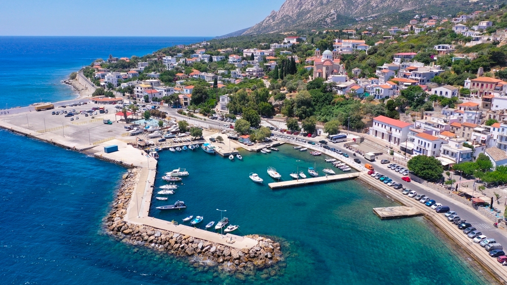 Aerial drone photo of Agios Kirykos, famous picturesque port and capital of Ikaria island, Northeast aegean, Greece